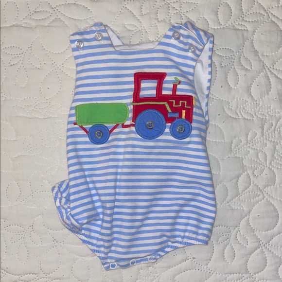 Blue Striped Baby Romper with Tractor - Picture 1 of 1